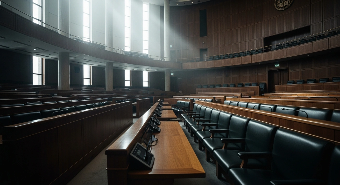 The interior of an empty, quiet parliamentary chamber represents the factual investigation confirming that Koel Mallick has not resigned from the Rajya Sabha.
