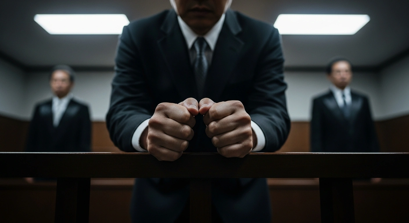 A man's hands are clasped tightly on a dark wooden railing in a Japanese courtroom, symbolizing the indefinite prison term handed down to Kohei Iitsuka for the May 2024 murder of Hiroshi Shinjo in Otsu, Shiga Prefecture.