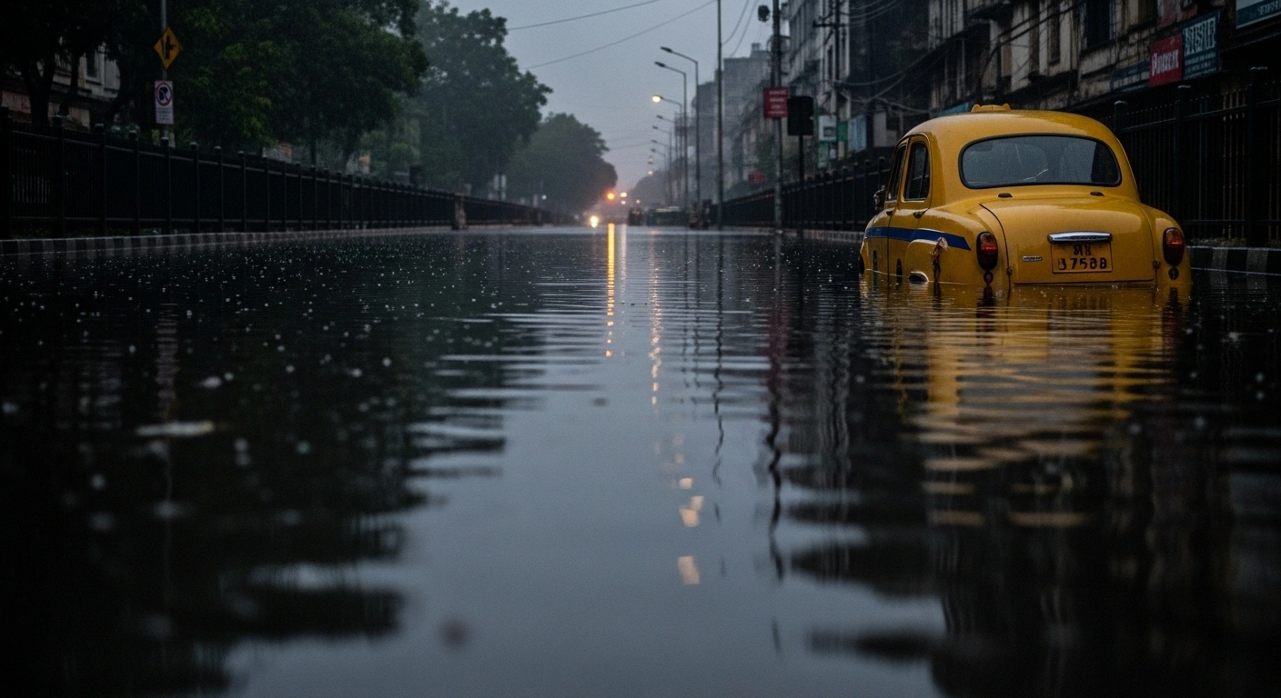A wide, low-angle shot of a severely waterlogged street in Kolkata at pre-dawn, showing a partially submerged yellow taxi or rickshaw, reflecting the aftermath of heavy overnight rainfall that brought the city to a standstill and caused widespread disruptions.