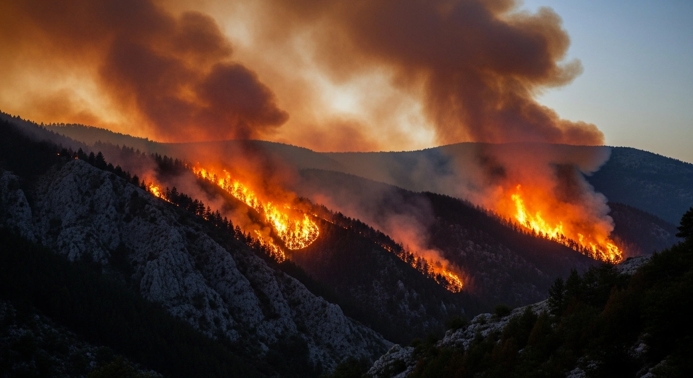 A large-scale forest fire burns across the mountainous landscape of Konjic, Bosnia and Herzegovina, as local authorities seek international assistance to contain the blaze.