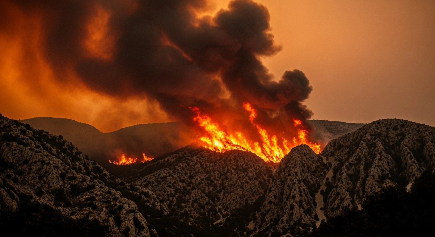 A large forest fire burns across the mountainous landscape of Konjic, Bosnia and Herzegovina, as smoke rises into the sky.