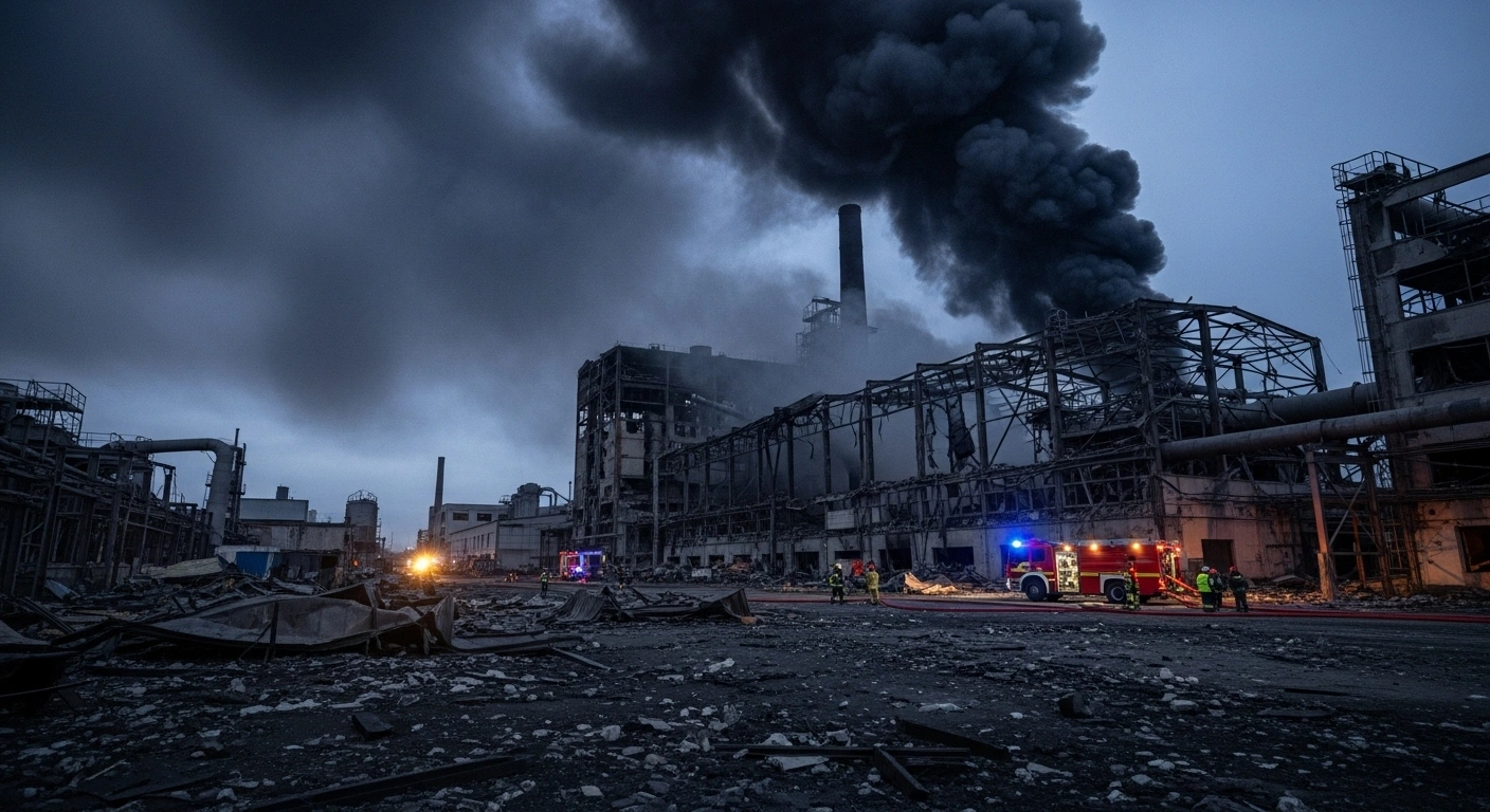 A wide, low-angle view at dawn shows the devastated remains of the Plastmass artillery ammunition plant in Kopeysk, Russia, with smoke rising from the wreckage and emergency lights illuminating the scene after a fatal explosion.