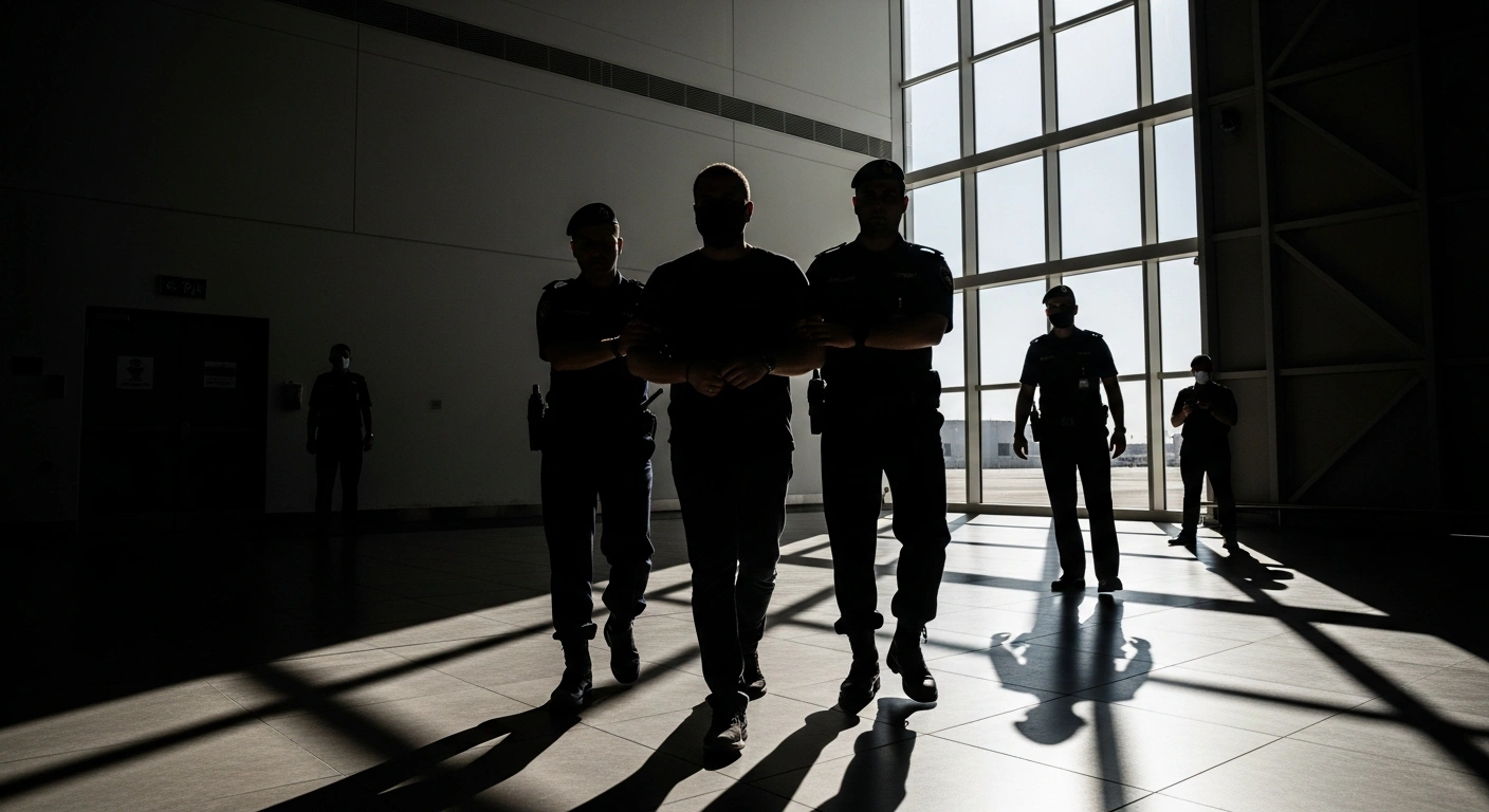 A suspect in the assassination attempt on Russian Lieutenant General Vladimir Alekseyev, Lyubomir Korba, is shown being escorted by uniformed officers in a secure facility, representing his detention in Dubai and extradition to Russia.