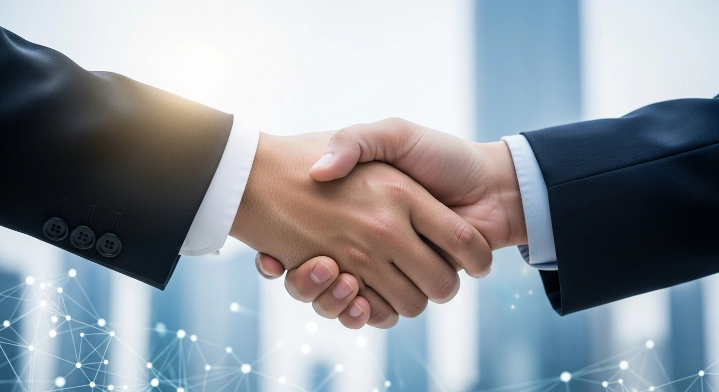 A close-up shot shows two individuals shaking hands against a blurred backdrop of a modern, futuristic cityscape, symbolizing the diplomatic cooperation between South Korean President Lee Jae-myung and leaders from Singapore and the Philippines on artificial intelligence, nuclear energy, defense, and infrastructure.