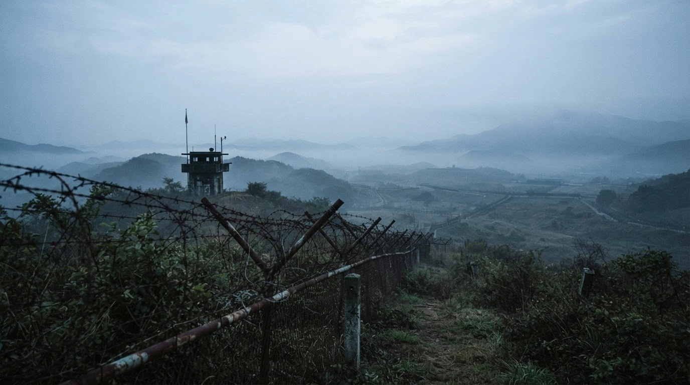 A desolate view of the heavily fortified border between the Republic of Korea and North Korea at dawn, symbolizing the proposed military-to-military talks.