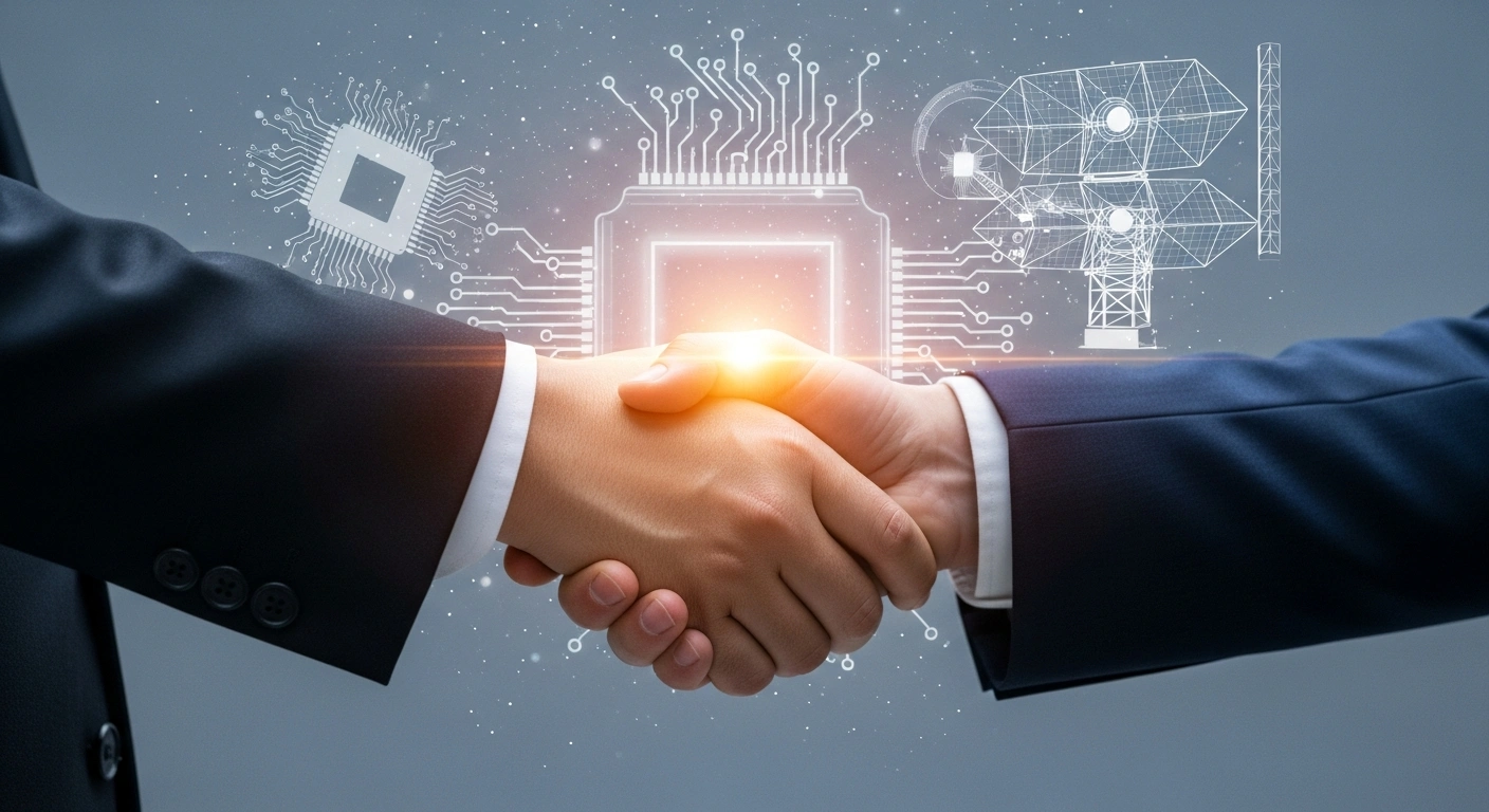 A close-up shot shows the hands of South Korean President Lee Jae Myung and Italian Prime Minister Giorgia Meloni clasped in a handshake, set against a futuristic holographic backdrop depicting elements of artificial intelligence, space, and defense technology, symbolizing their expanded cooperation.