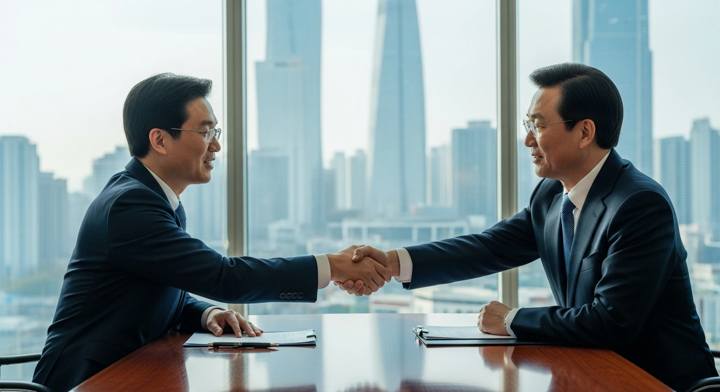 Diplomats from South Korea and Kazakhstan shake hands during an economic commission meeting in Seoul to discuss trade and critical mineral supply chains.