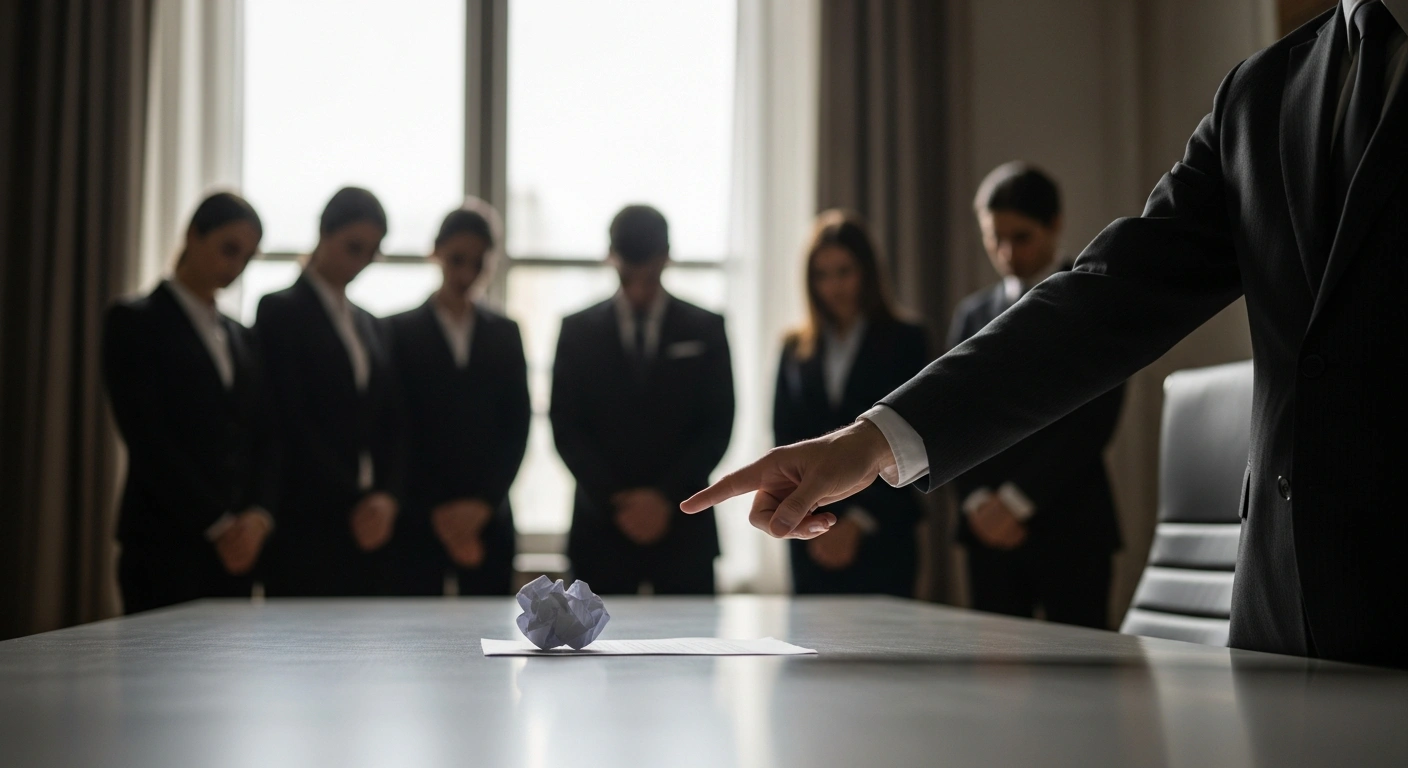 A stern figure, representing South Korean President Lee Jae-myung, stands under a focused light, gesturing towards a crumpled document, while a group of subdued individuals, symbolizing the Korea Chamber of Commerce and Industry (KCCI), stands in the shadowed background, conveying their apology for a criticized report on inheritance tax.