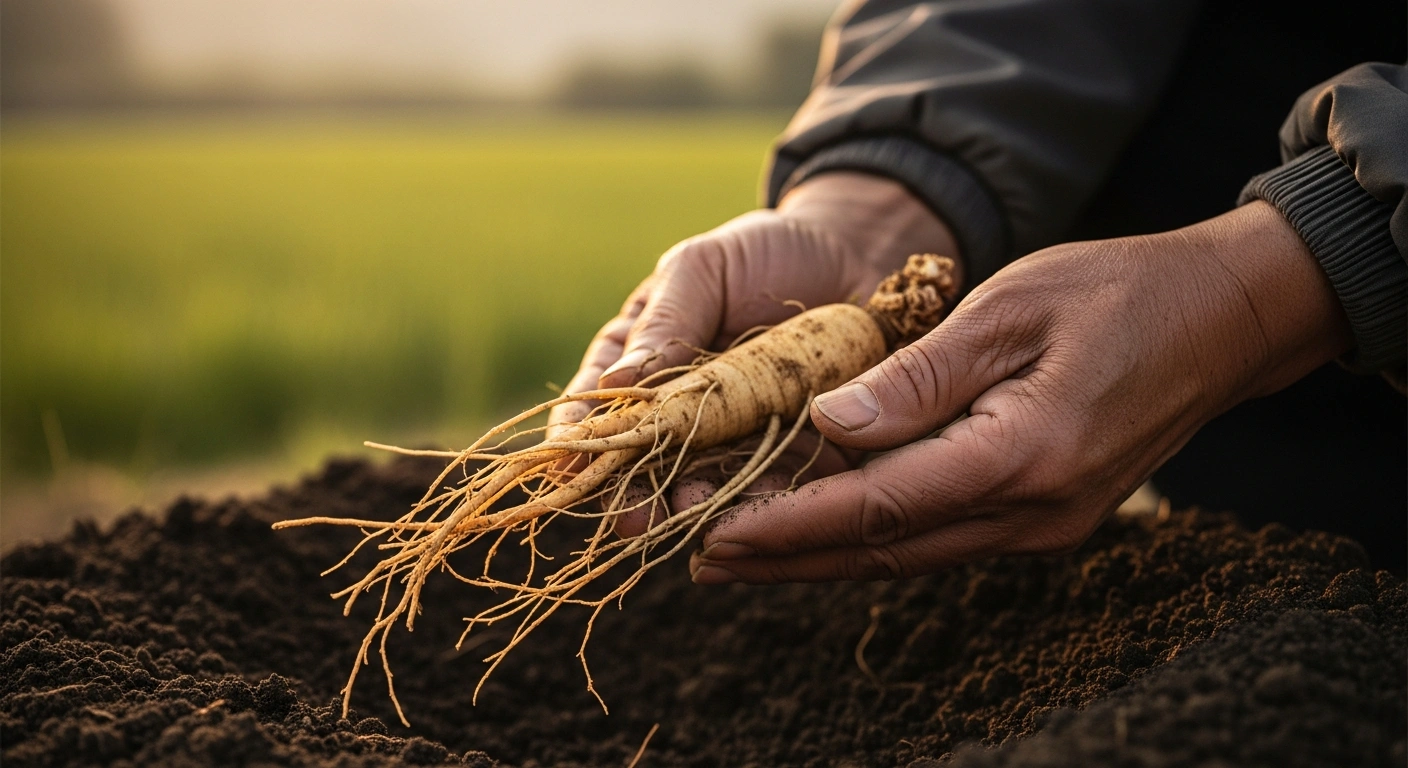 An elderly Korean farmer holds a freshly harvested ginseng root in a field to represent the traditional ginseng culture nominated for UNESCO heritage status.