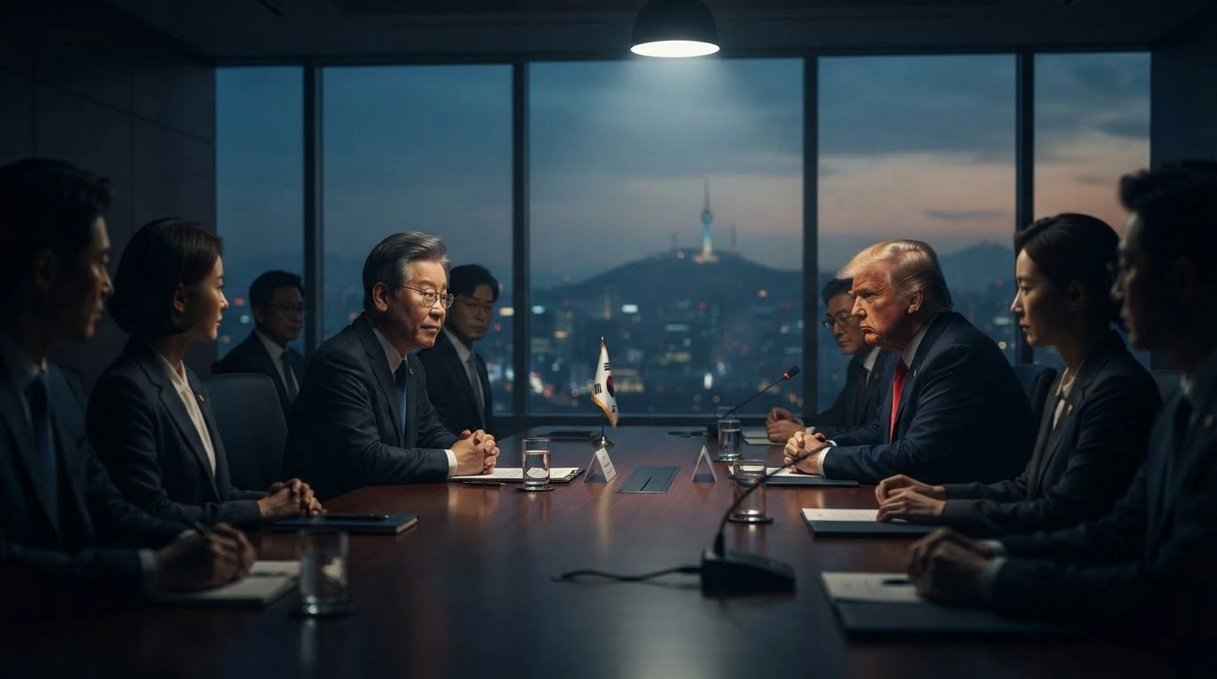 A dimly lit conference room representing diplomatic discussions between South Korean, U.S., and North Korean leadership regarding the Korean Peninsula.