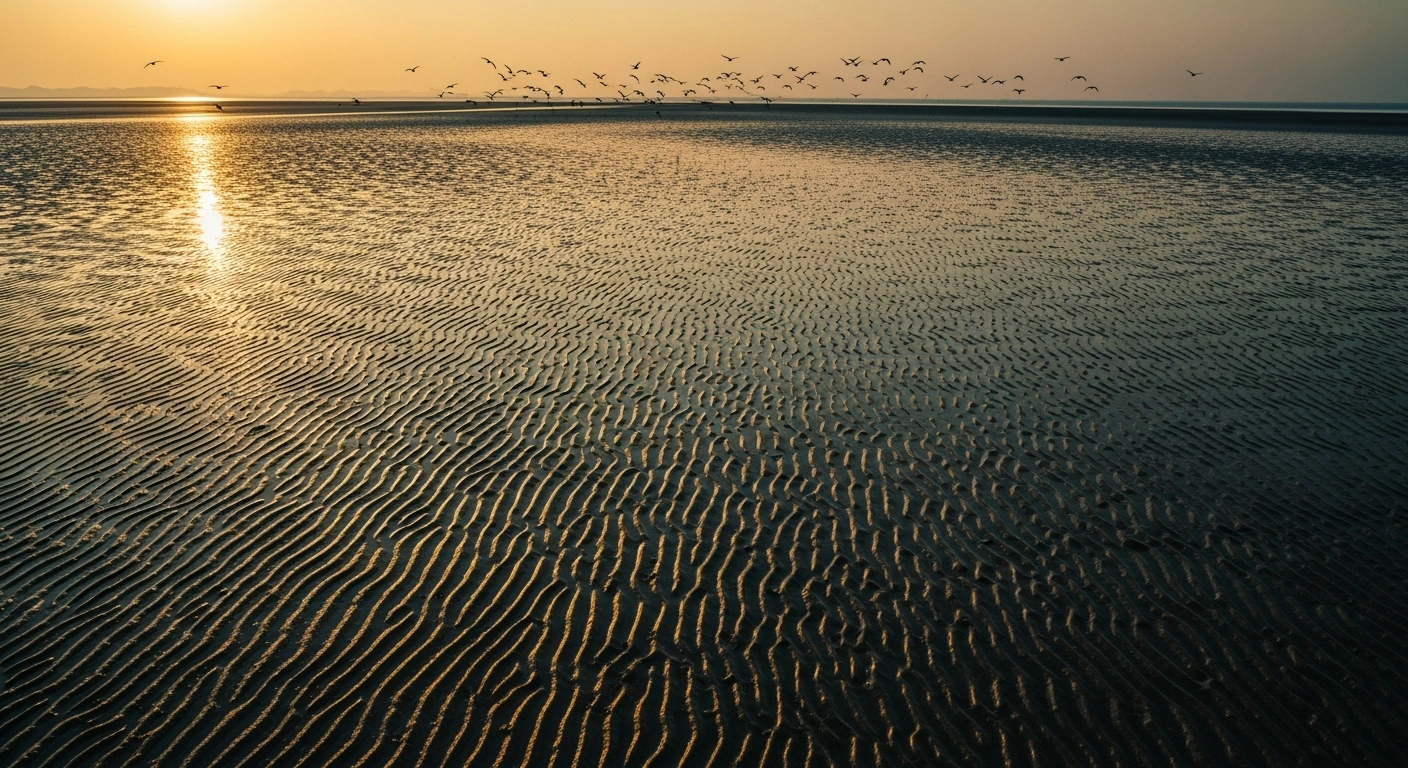 A wide-angle view of the expansive Getbol Korean tidal flats at sunset, featuring a flock of migratory birds flying over the protected ecosystem.