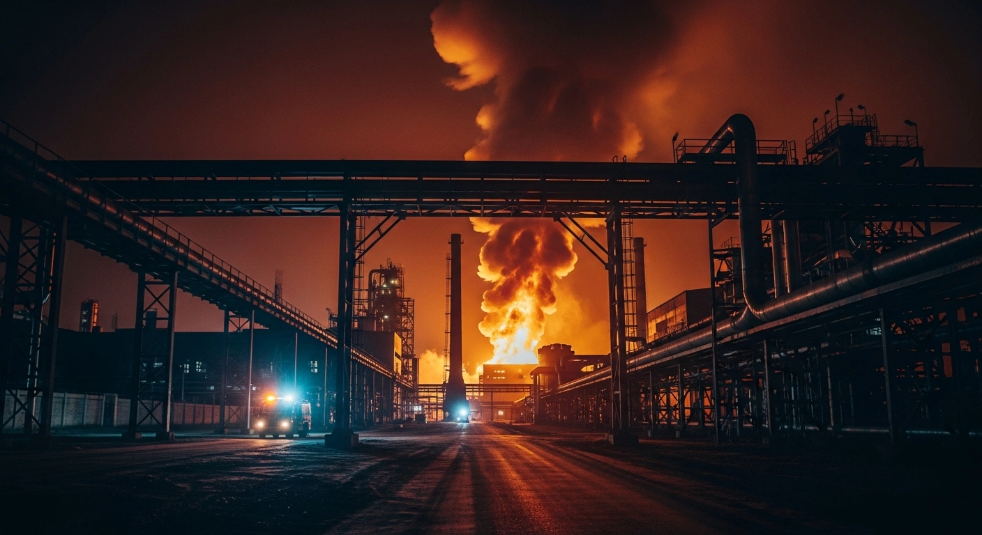 A large fire burns at the Kosogorsk Metallurgical Plant in Russia's Tula Oblast at night as emergency services respond to the industrial incident.