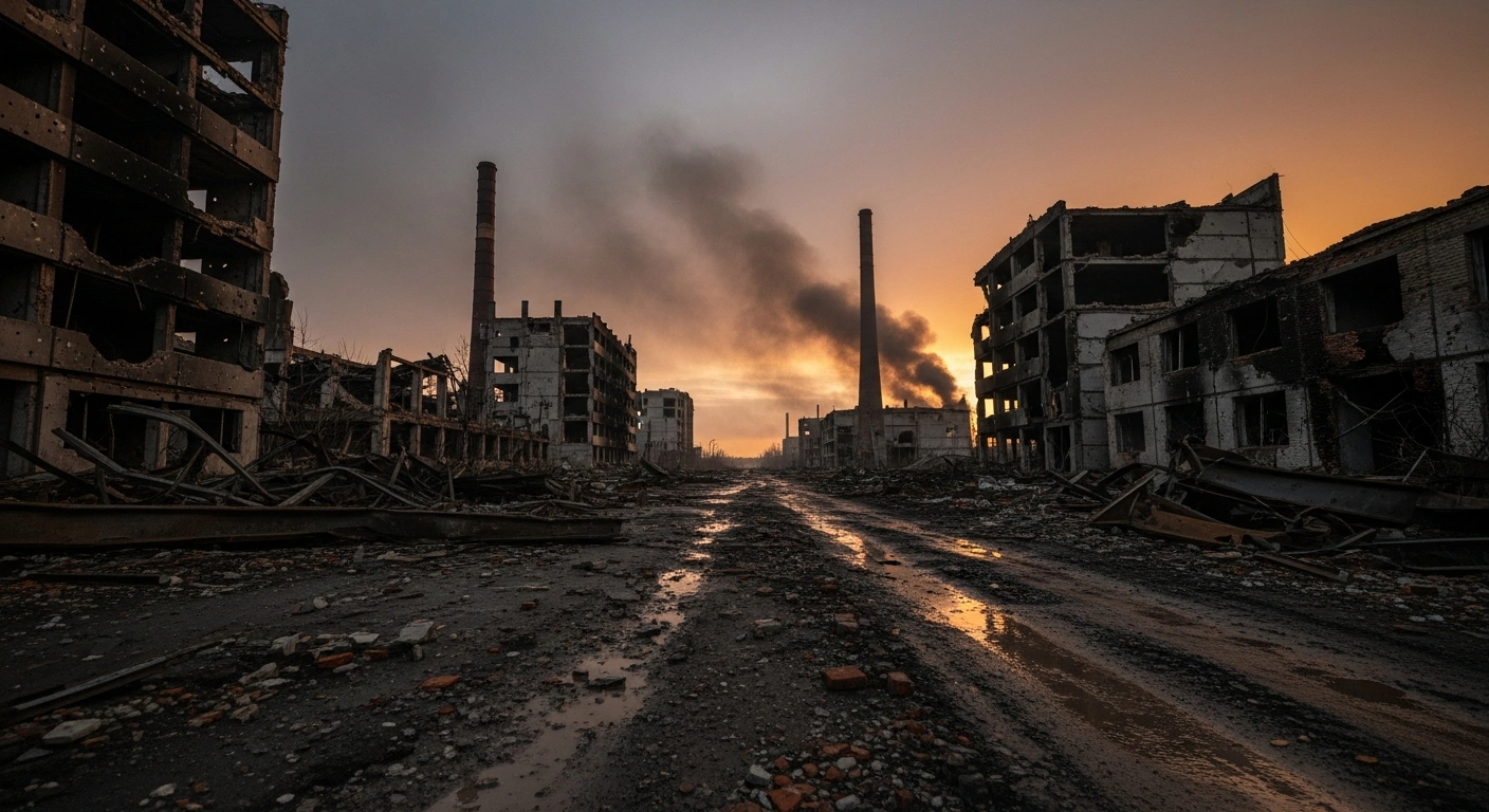 A desolate industrial landscape in Kostiantynivka shows ruined buildings and smoke rising during the ongoing conflict in the Donetsk region of Ukraine.