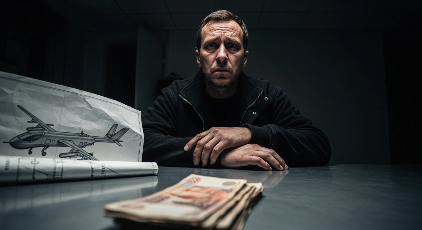 A man with a worried expression sits at a table under harsh lighting, with a crumpled military drone blueprint and a stack of rubles in the foreground, symbolizing Alexey Kostylev's detention in Moscow on large-scale fraud charges for embezzling funds intended for military drone supplies.