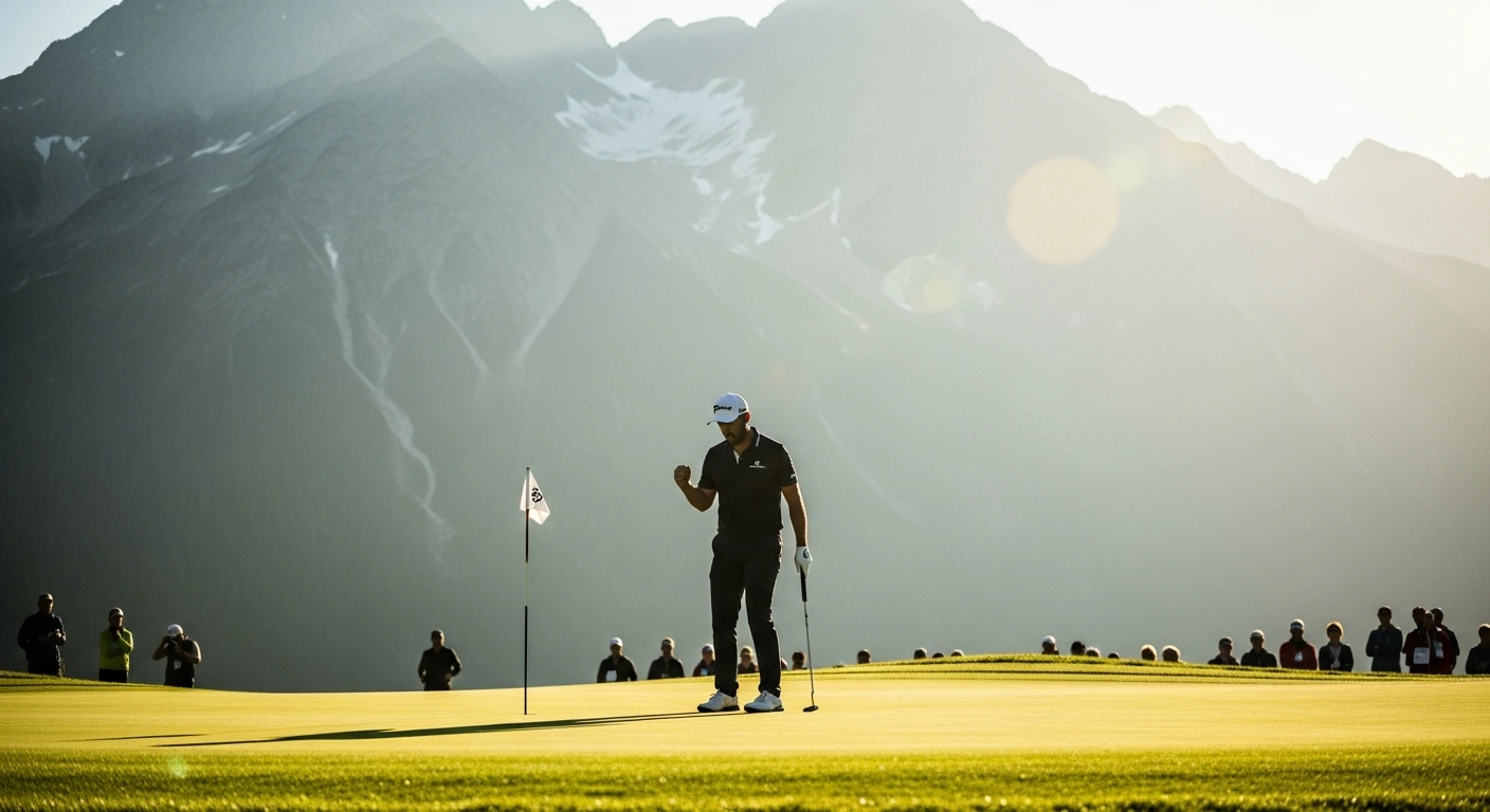 Japanese golfer Kota Kaneko celebrates his first DP World Tour victory at the Austrian Alpine Open in Kitzbühel with the Alps in the background.