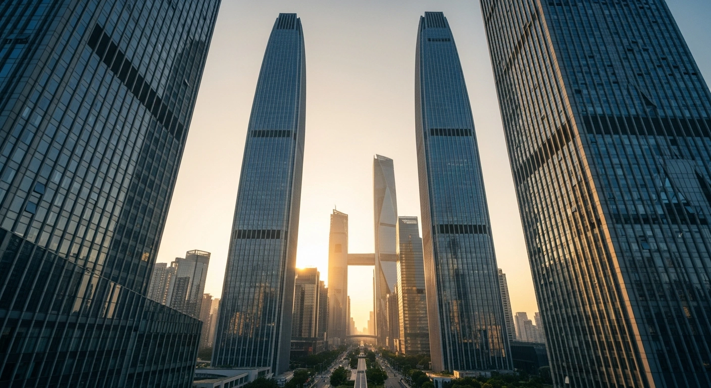 A wide-angle photograph captures a futuristic Chinese metropolis at dawn, with golden light illuminating towering glass skyscrapers, symbolizing the strong confidence of multinational corporations in China's economic outlook and their strategic shift towards increased investment, profitability, and localization, as highlighted by a recent KPMG report.