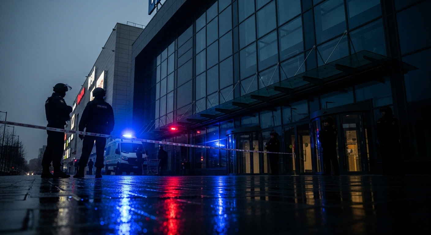 Law enforcement officers investigate the scene of a fatal stabbing attack at a shopping mall in Krasnodar, Russia.