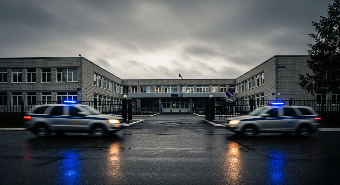 Police vehicles with flashing lights are parked outside a school in the Krasnodar region of Russia following a shooting incident.