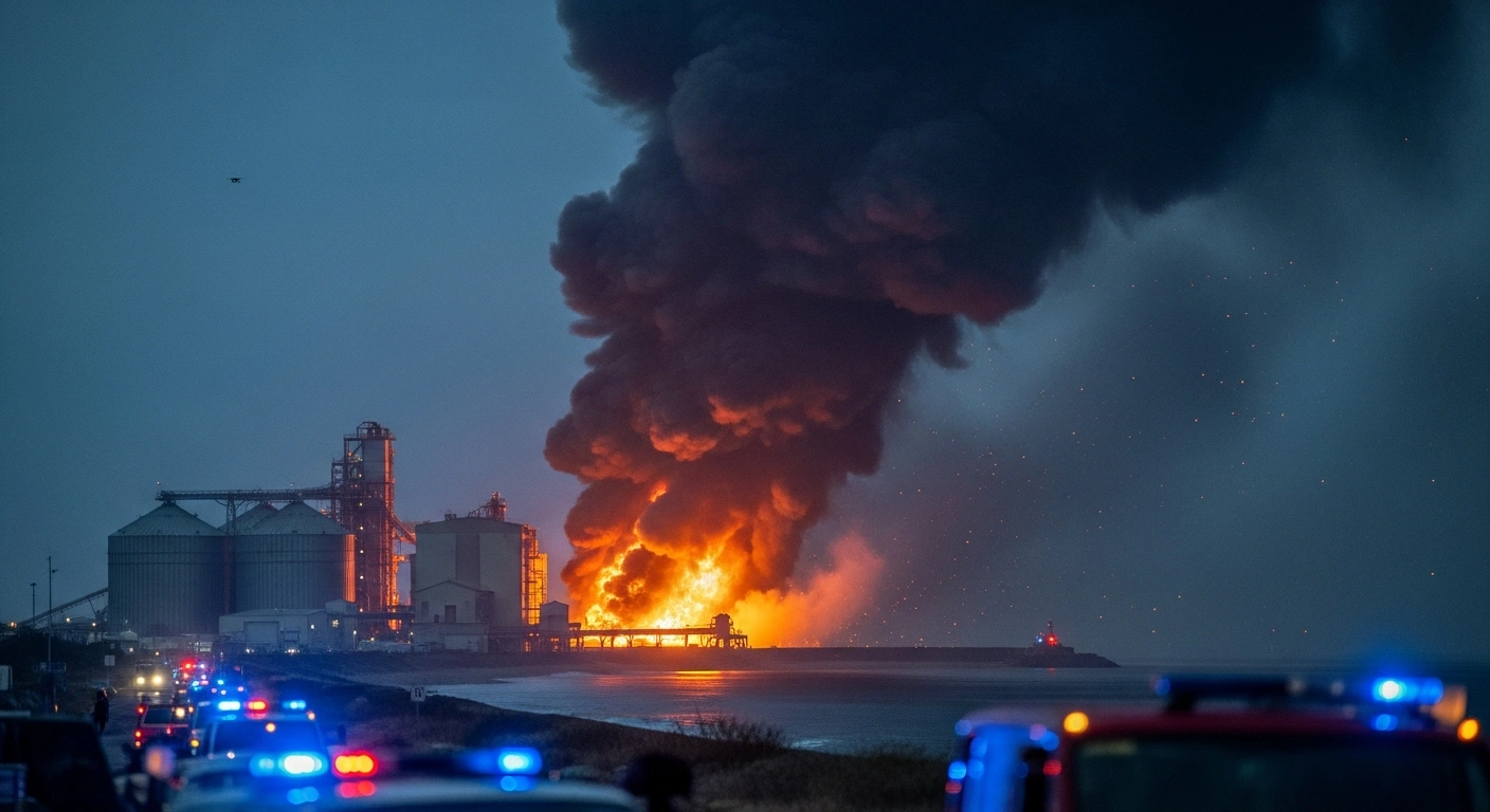 Emergency responders work at a burning sea terminal in Russia's Krasnodar region following a Ukrainian drone attack.