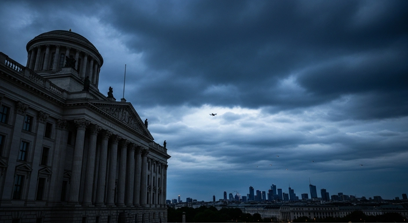 A wide, low-angle shot shows the dark silhouette of a grand, classical government building against a turbulent twilight sky, with faint pinpricks of light suggesting drone activity over a distant European city skyline, symbolizing the Kremlin's denial of accusations regarding drone disruptions at European airports.