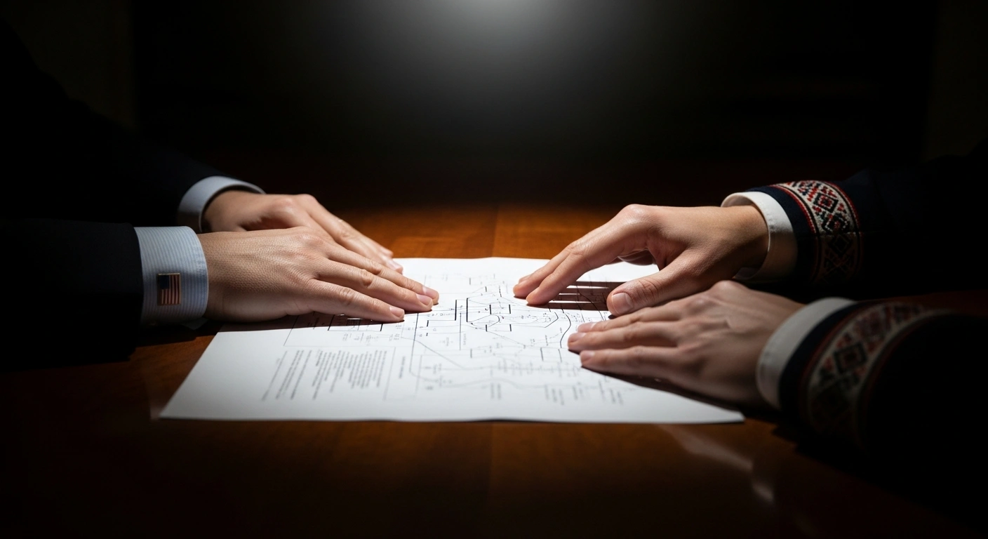 Two hands, one representing the United States and the other Russia, are poised over a detailed economic partnership document on a polished table, symbolizing the Kremlin's proposal contingent on resolving the Russo-Ukrainian war.