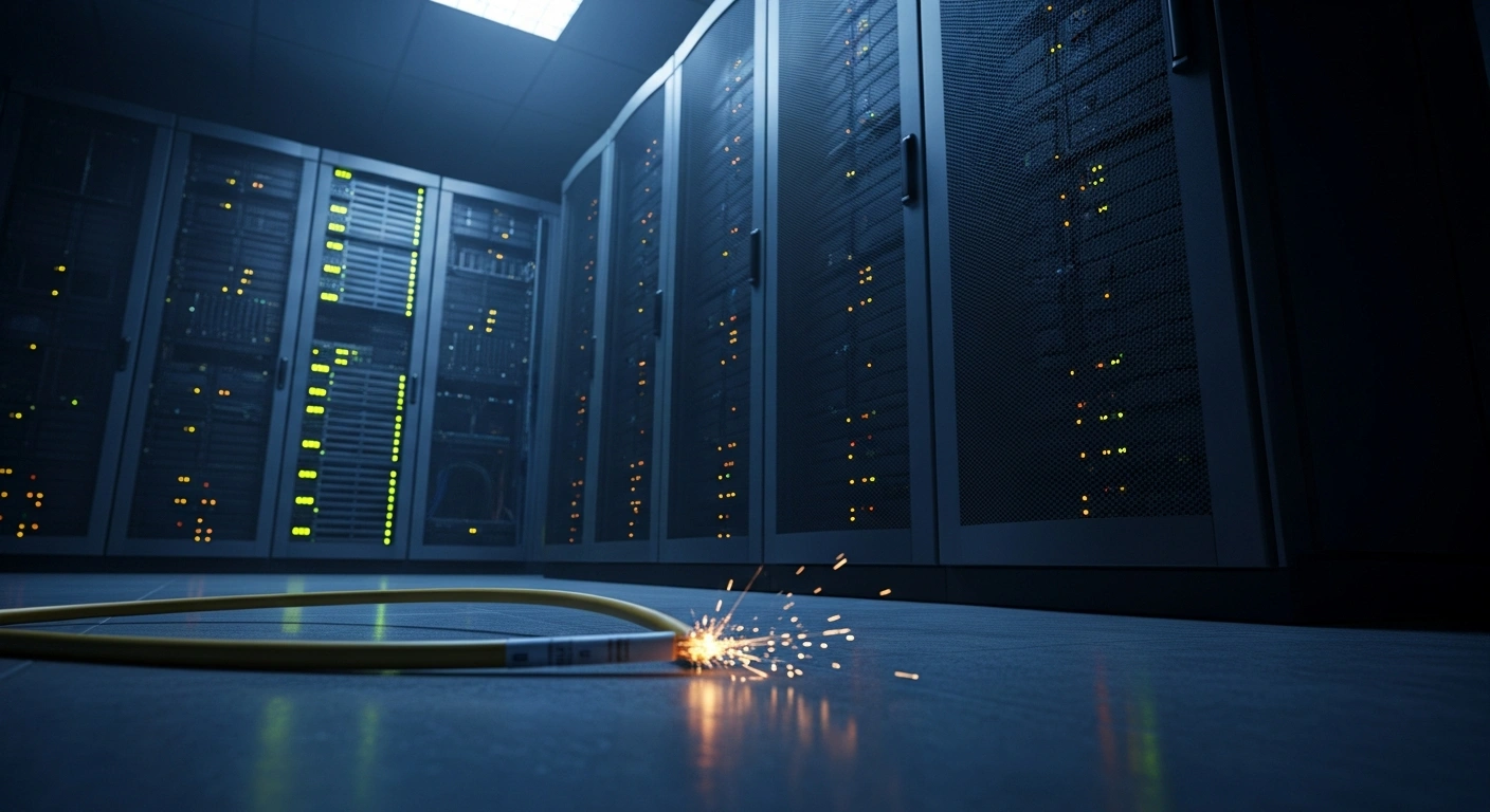 A wide shot depicting a towering, monolithic server rack with indicator lights flickering and dying, as a thick, severed fiber optic cable sparks faintly in the foreground, symbolizing the Kremlin's decree allowing the FSB to terminate user access to communication and internet services in Russia and occupied Ukrainian territories without judicial review.