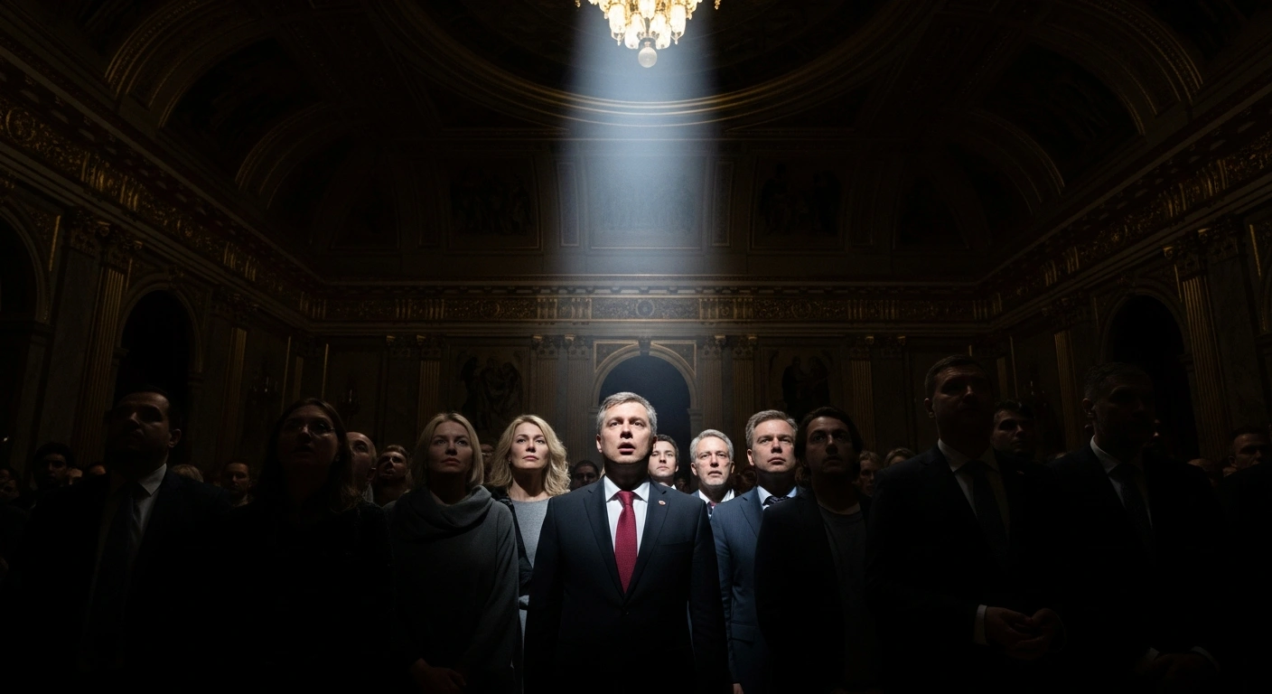 A dramatic, high-contrast image shows a group of figures, representing prominent pro-war propagandists, illuminated by a harsh spotlight in a dark, opulent hall, symbolizing the Kremlin's internal repressive measures and the labeling of its own citizens as 'foreign agents' or 'terrorists and extremists'.