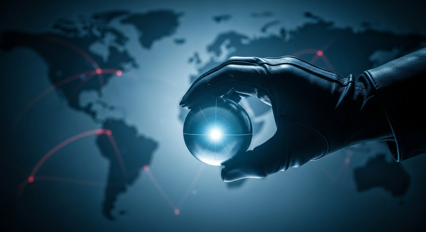 A gloved hand, symbolizing the Kremlin, carefully holds a glowing metallic sphere representing Iran's enriched uranium, set against a blurred background of geopolitical maps hinting at US-Iran friction and regional tensions.