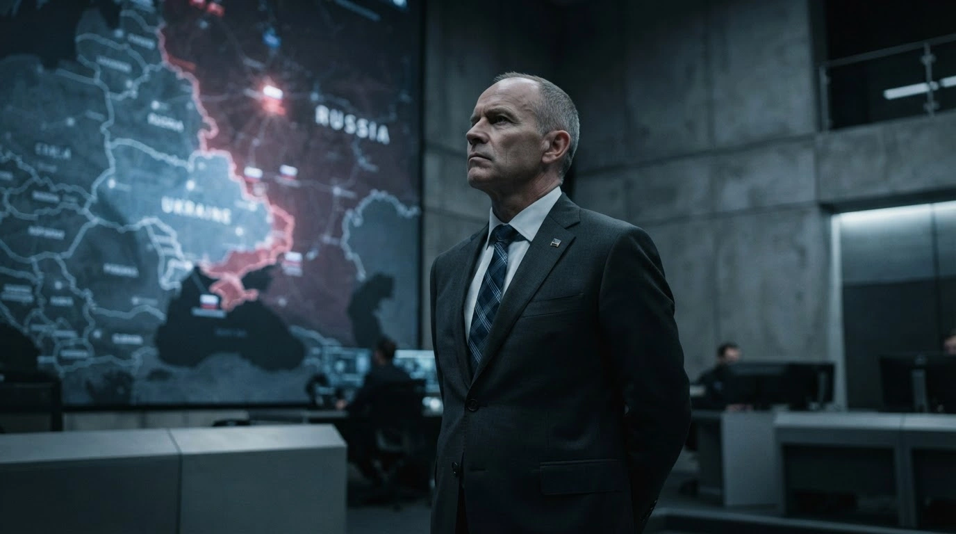 A Russian official stands in a dark command center while rejecting a ceasefire proposal regarding the ongoing conflict in Ukraine.