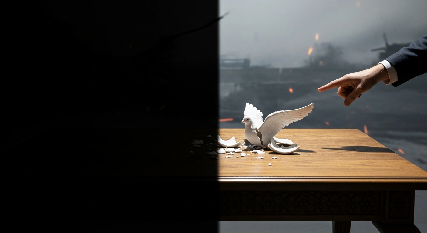 A stark image depicts a shattered white dove figurine on the shadowed side of a heavy wooden table, while a hand on the brightly lit side gestures dismissively, symbolizing the Kremlin's claim that Kyiv halted peace negotiations for the Ukraine war amidst ongoing Russian military offensives near Pokrovsk and Kupiansk.