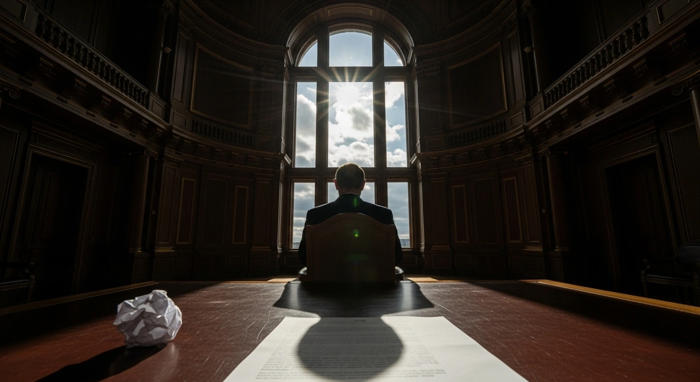 A dramatic, low-angle shot of a silhouetted figure, representing President Putin or the Kremlin, standing in a dimly lit, opulent chamber before a large window, with a crumpled document on an antique desk, symbolizing Russia's sharp criticism of recent US sanctions targeting oil giants Rosneft and Lukoil.