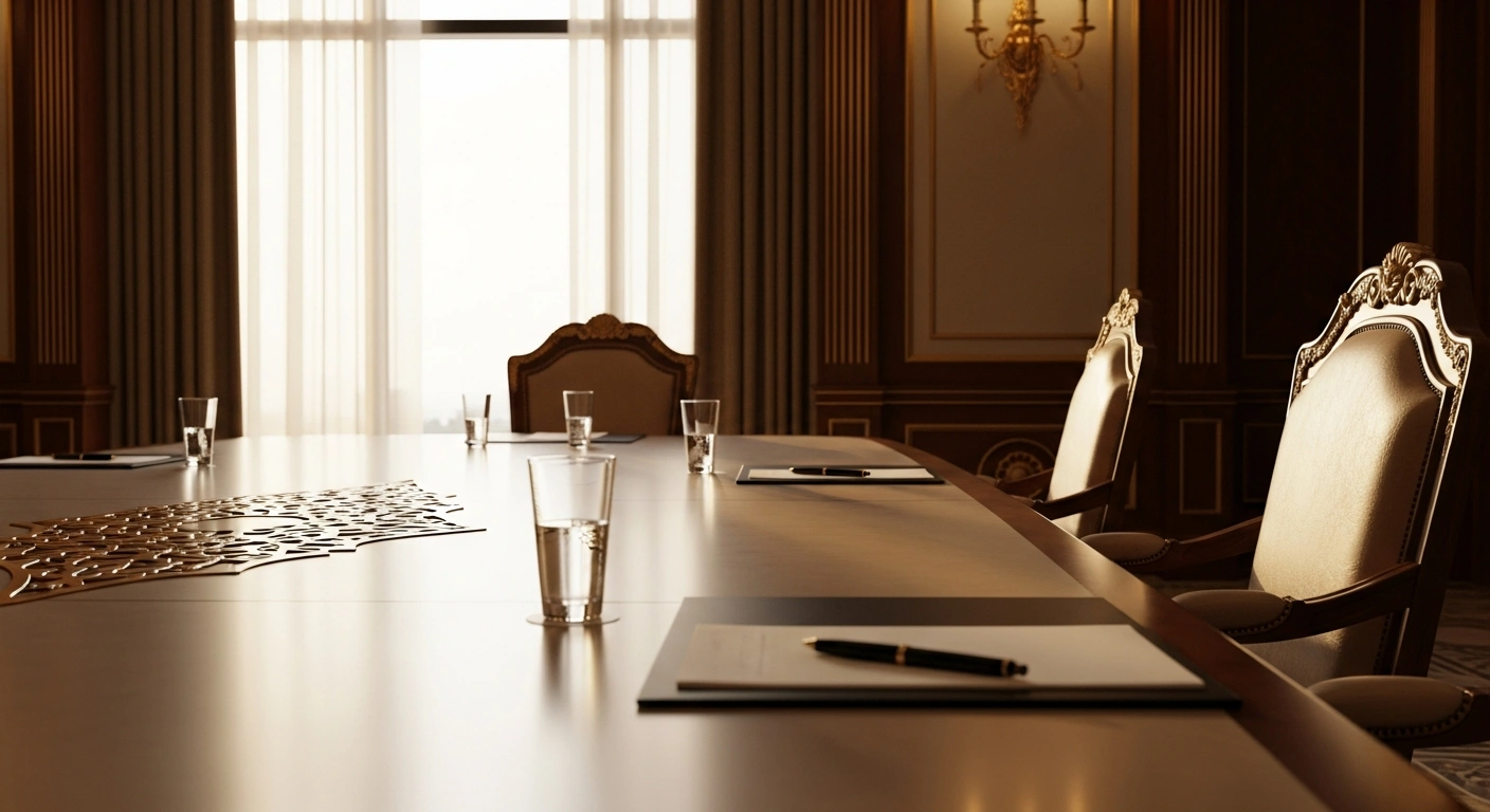 An opulent conference room in Abu Dhabi, featuring a grand table with three subtly distanced chairs and an untouched notepad, symbolizes the recent constructive trilateral talks between the US, Ukraine, and the Kremlin, which acknowledged progress but no major breakthroughs on key territorial disputes.