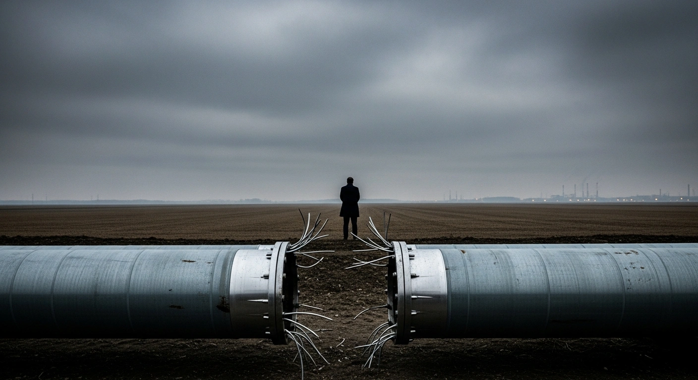 A weathered industrial pipeline, partially severed but with new sections being reconnected, stretches across a desolate plain under an overcast sky, with a lone figure contemplating the distant horizon, symbolizing Germany's debate on resuming energy imports from Russia and re-evaluating sanctions, a position advocated by Michael Kretschmer.
