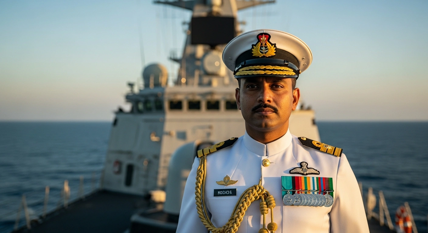Vice Admiral Krishna Swaminathan stands on the deck of an Indian Navy ship as the newly appointed Chief of the Naval Staff.