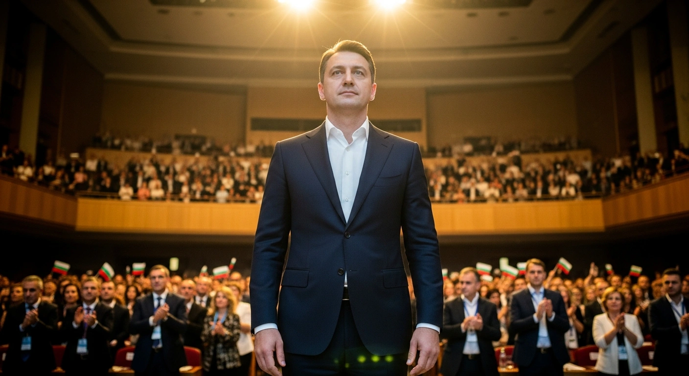 Krum Zarkov, newly elected leader of the Bulgarian Socialist Party (BSP), stands on a grand stage under a golden spotlight, addressing a congress hall filled with delegates in Sofia, symbolizing the party's new chapter.