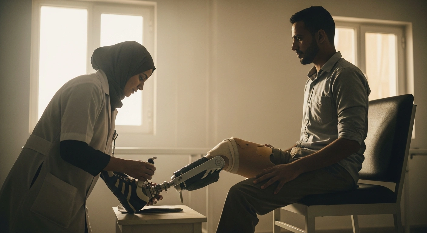 A medical professional assists a patient with a prosthetic leg at the KSrelief medical center in Taiz, Yemen, as part of ongoing humanitarian rehabilitation efforts.