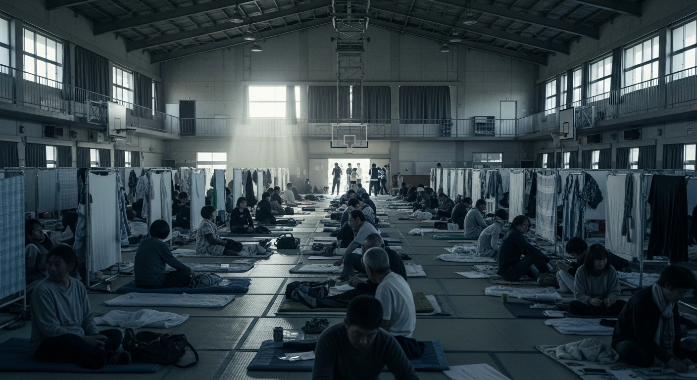 Displaced residents sit on floor mats inside a crowded emergency evacuation center in Kumamoto, Japan, following a series of devastating earthquakes.