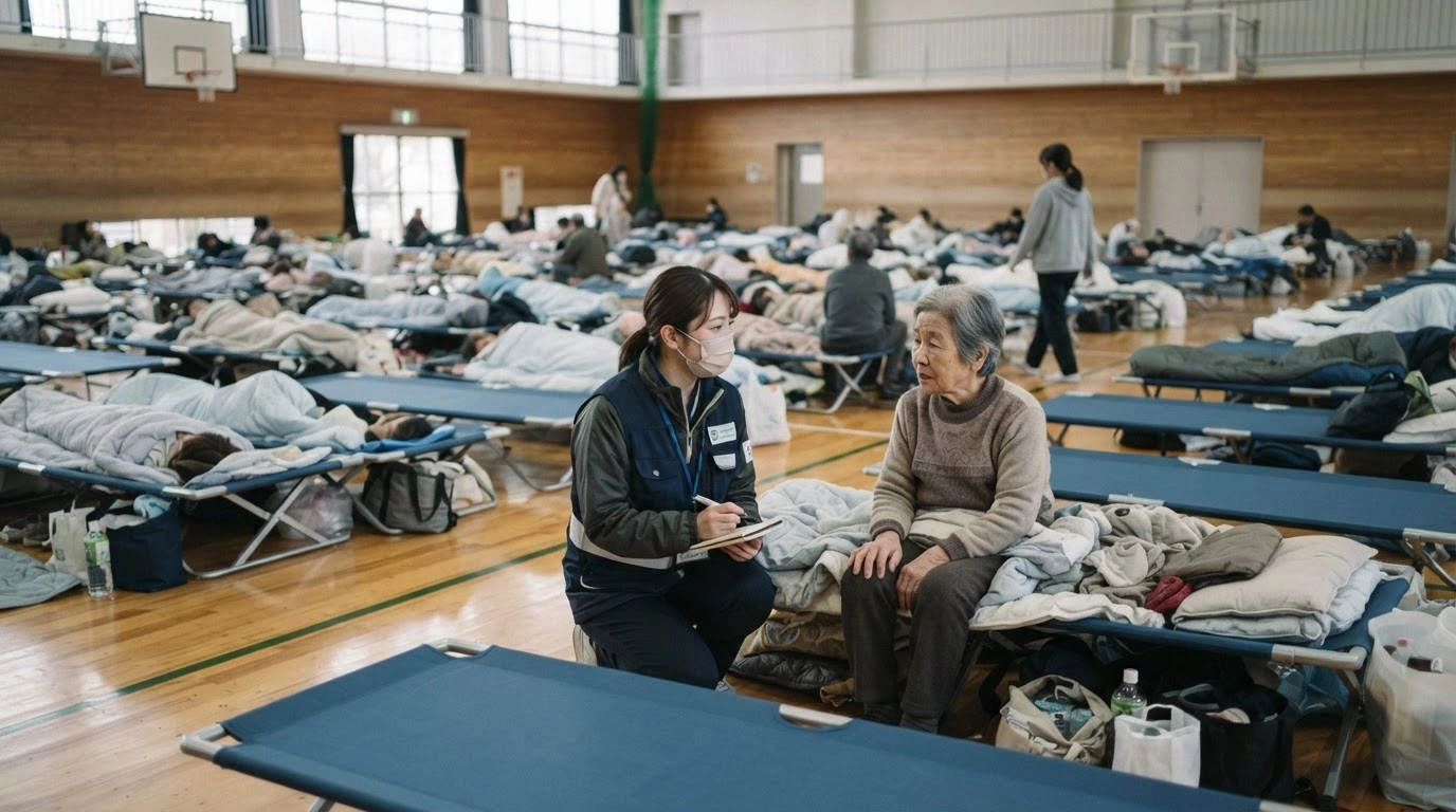A medical volunteer provides support to an elderly resident inside a crowded evacuation center in Kumamoto, Japan, following the recent earthquakes.