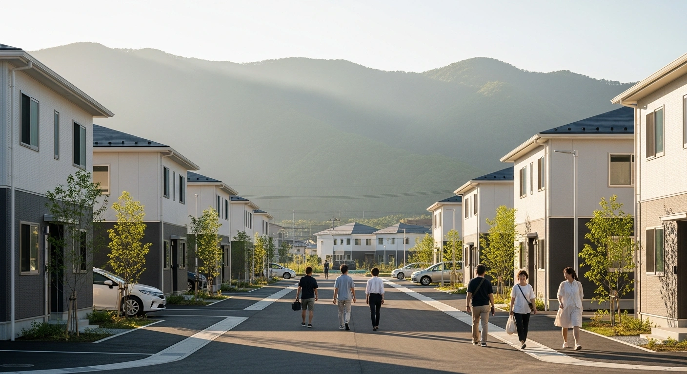 Residents walk toward new apartment buildings in Kumamoto as part of Japan's long-term recovery efforts following the 2016 earthquakes.