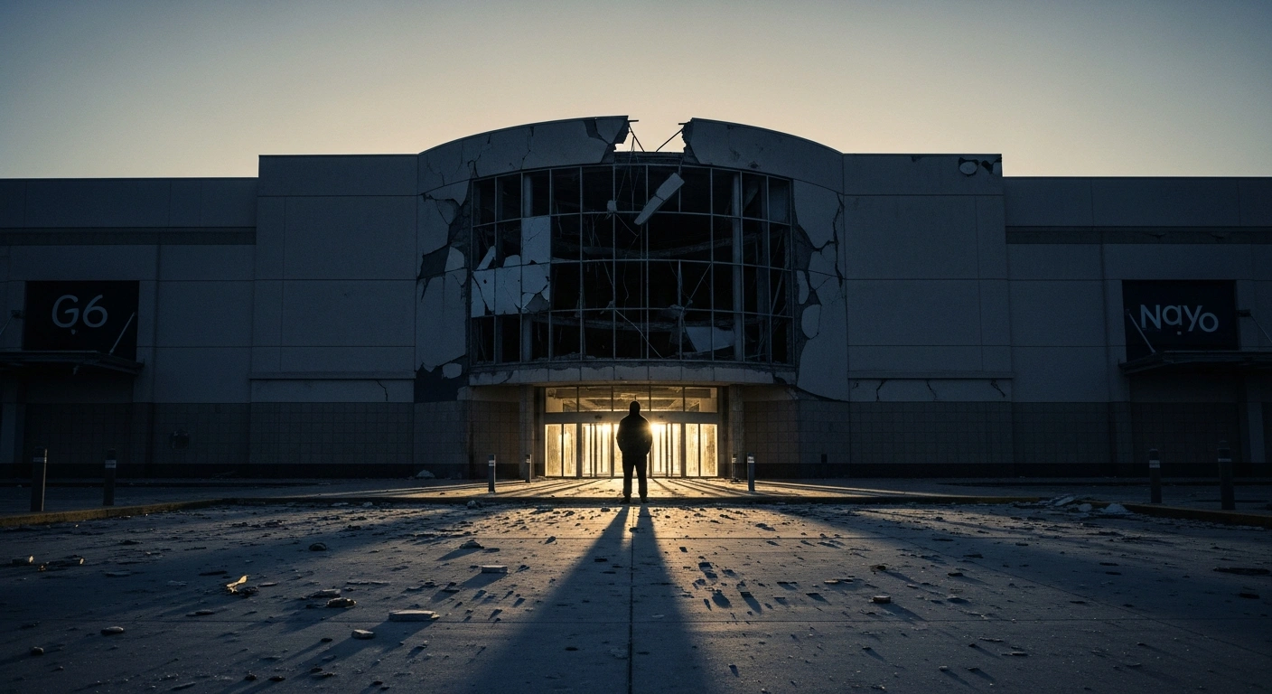 A lone figure stands before the damaged exterior of a retail building following the Kumamoto earthquake to represent the debate over workplace safety protocols.