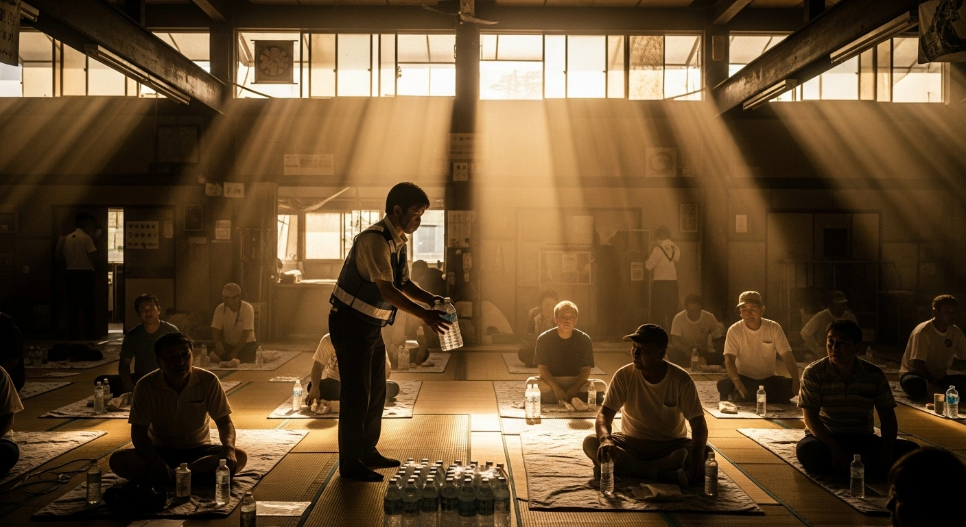 A relief worker provides water to earthquake survivors in a hot evacuation center in Kumamoto during a heat stroke alert.