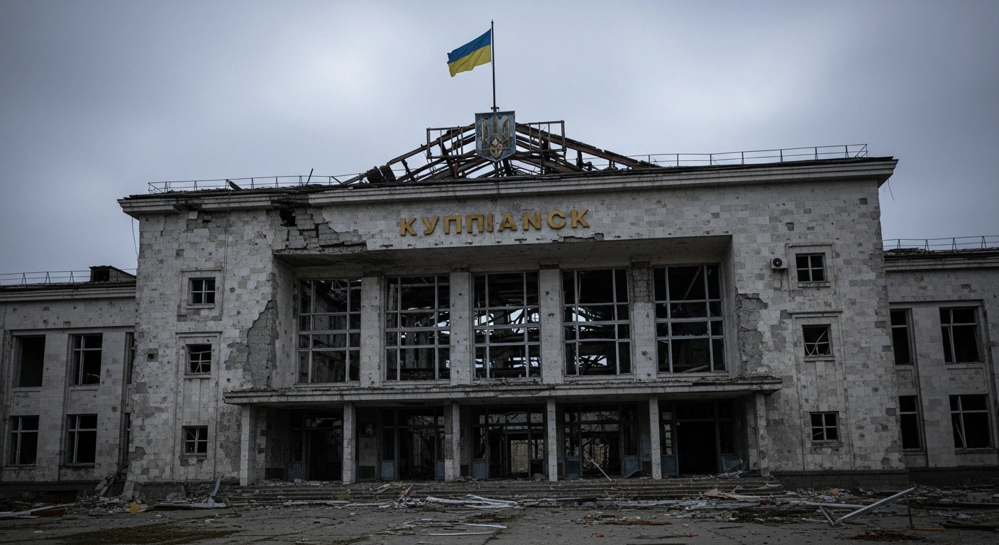 A wide, low-angle view shows the war-scarred main railway station of Kupiansk in Ukraine's Kharkiv region at dawn, with a newly hoisted Ukrainian flag on its damaged roof, symbolizing Ukrainian forces regaining control of the key railway hub from Russian forces.
