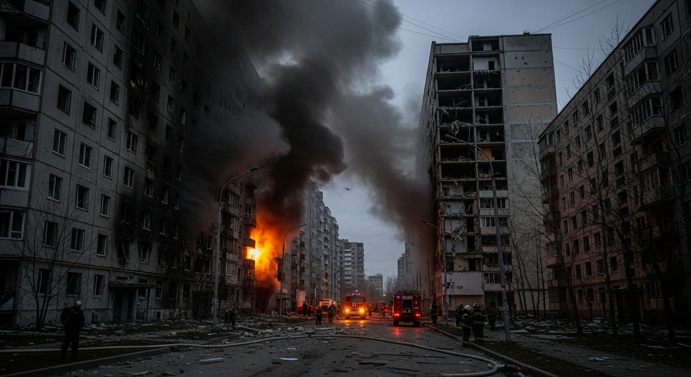 Emergency responders work at the site of damaged apartment buildings in the Kursk region following a Ukrainian drone attack.