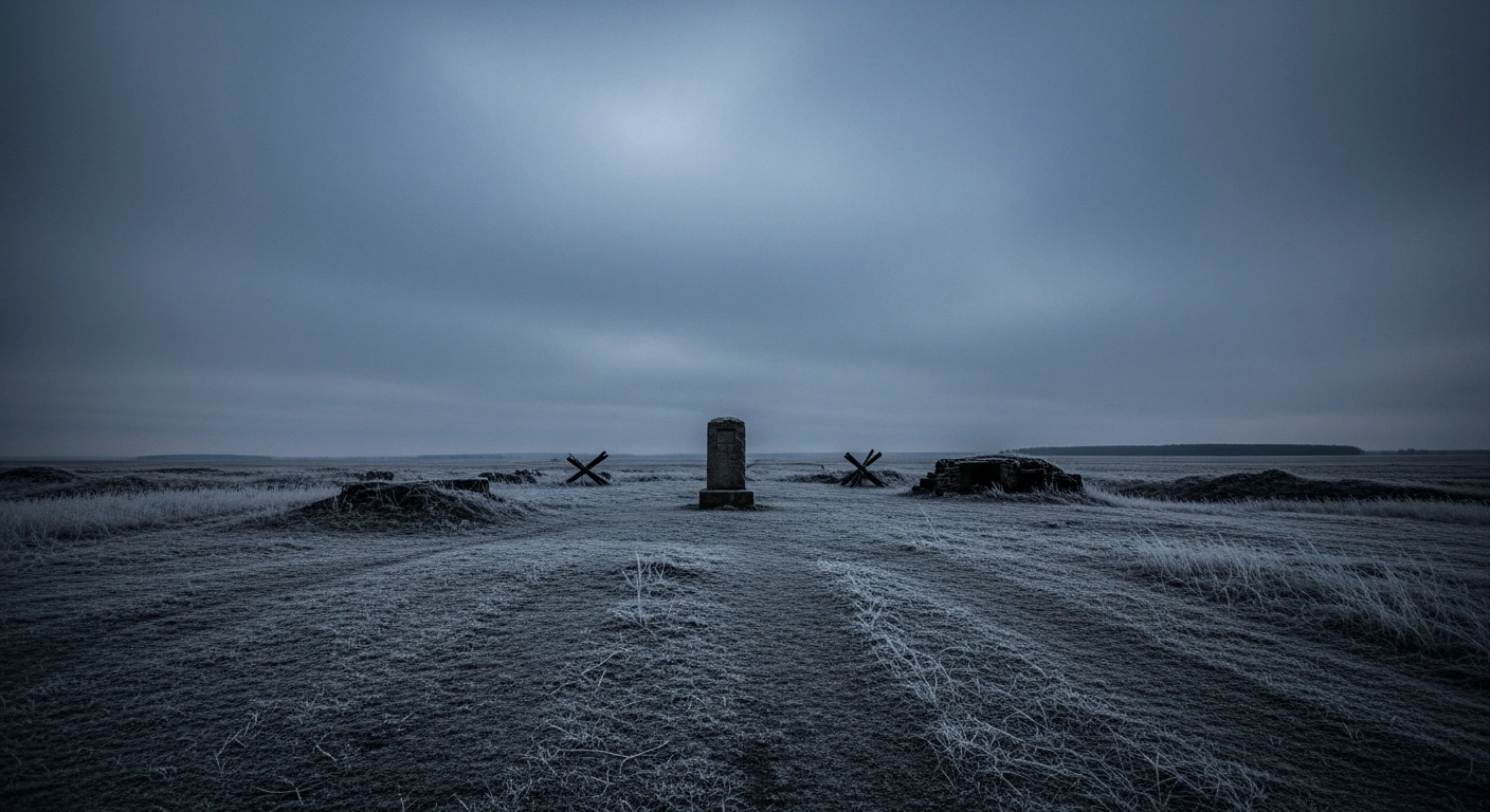 A somber, desolate landscape in the Kursk region features a stone monument site intended to honor North Korean soldiers serving with Russian forces.