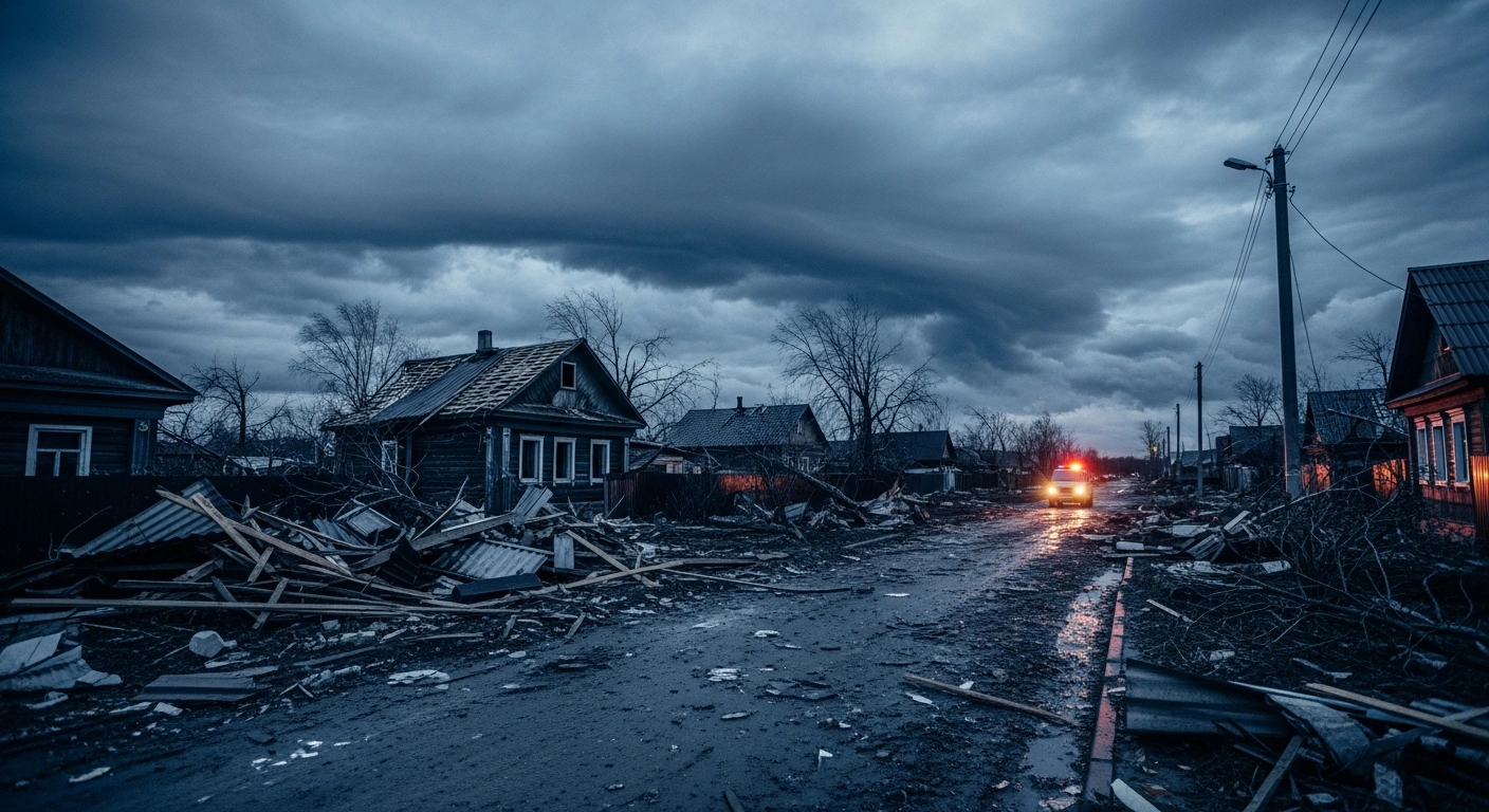 The aftermath of a powerful storm in Kushva, Russia, shows damaged residential homes and debris scattered across the street following a state of emergency.