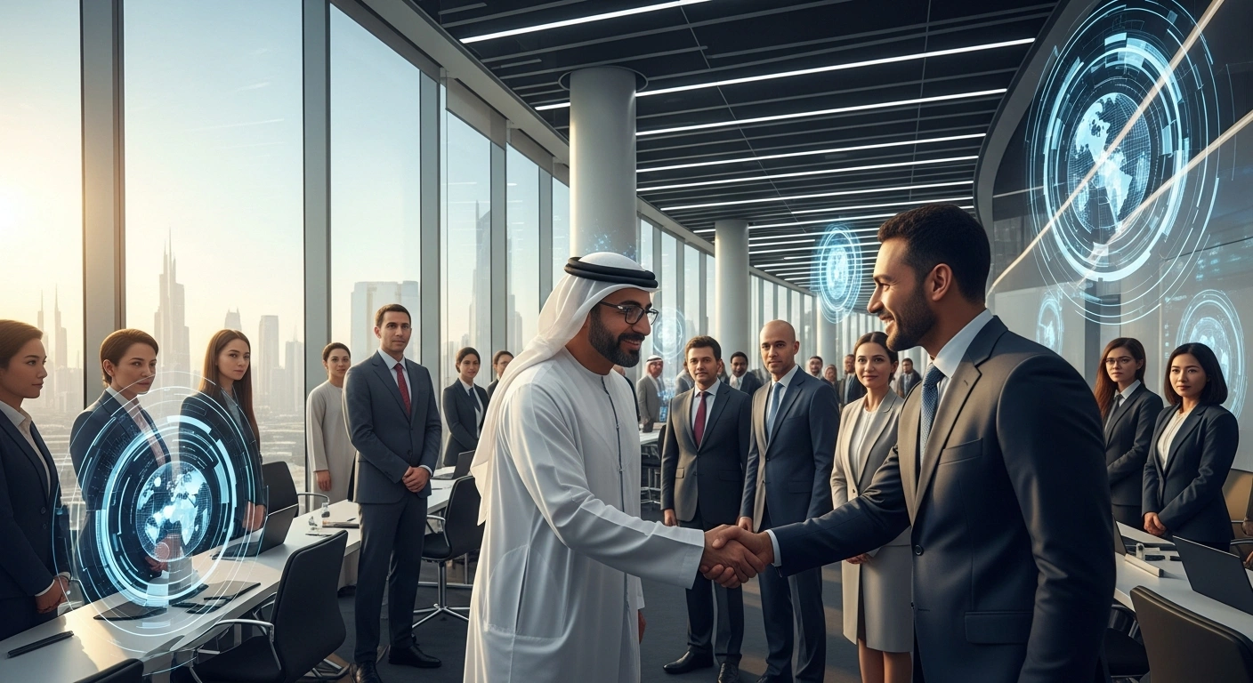 A Kuwaiti official shakes hands with a diverse group of international delegates in a modern conference hall, symbolizing Kuwait's expanded regional and global strategic partnerships and multi-sector deals for economic diversification.