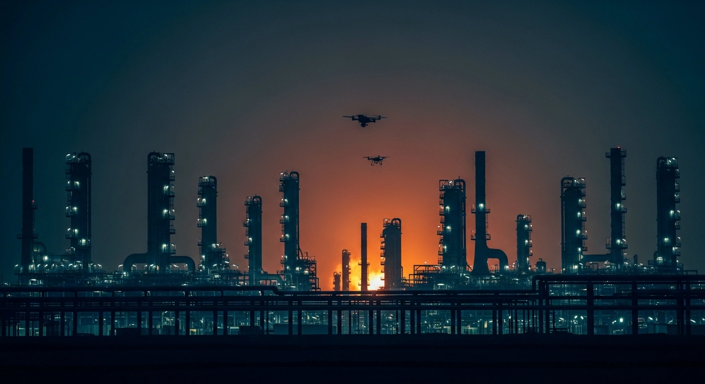 A drone flies near a critical oil refinery facility in Kuwait during twilight as regional security concerns rise.