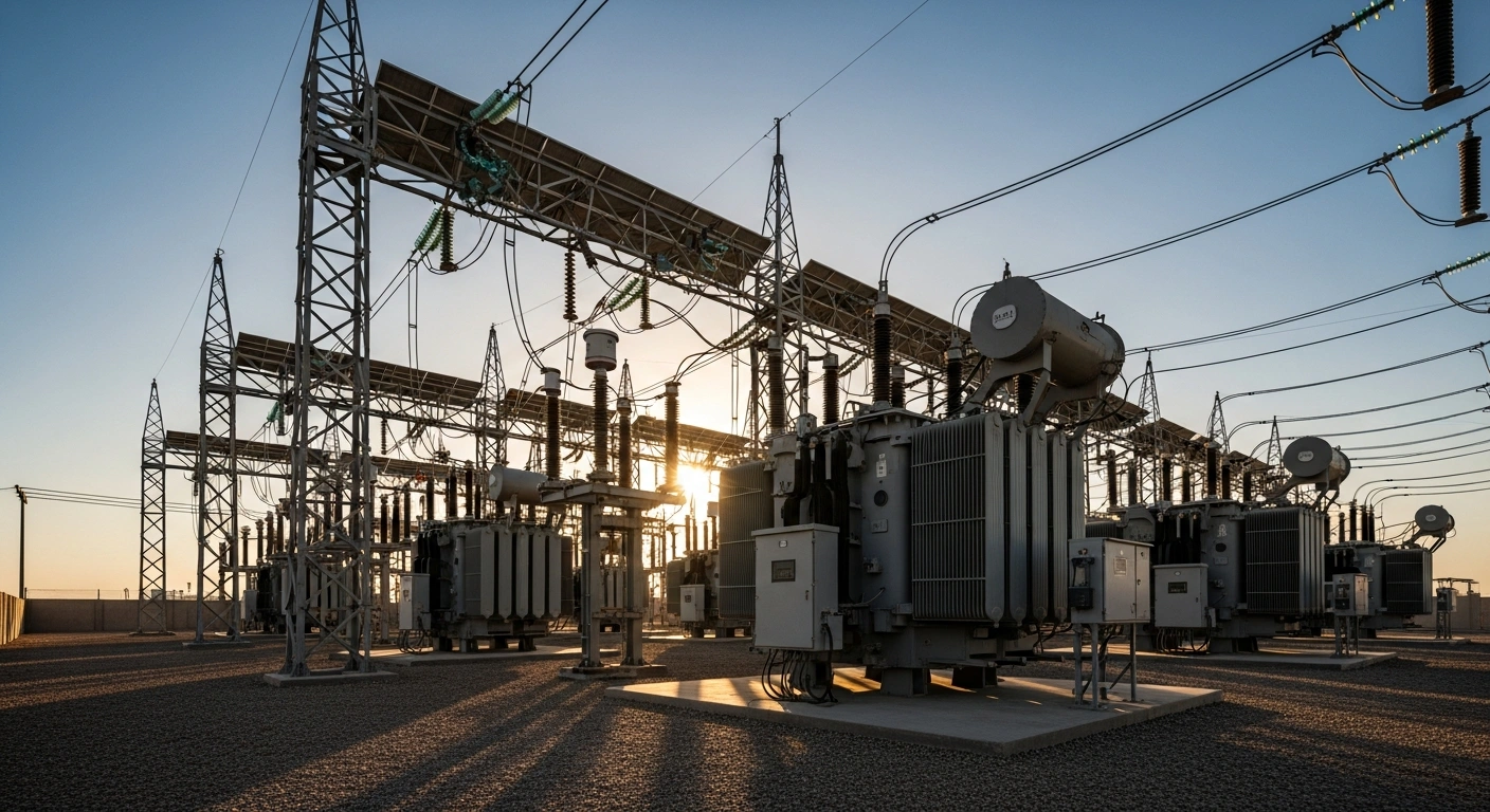 A modern power and water infrastructure facility in Kuwait stands stable and operational under a clear desert sky.