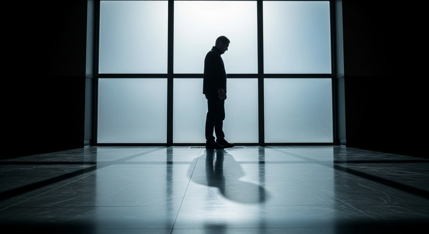 A lone figure, representing Ukrainian national Serhii Kuznietsov, stands silhouetted against a frosted window in a somber, cool-lit room, symbolizing his extradition to Germany following Italy's court approval for his alleged involvement in the 2022 Nord Stream pipeline blasts.