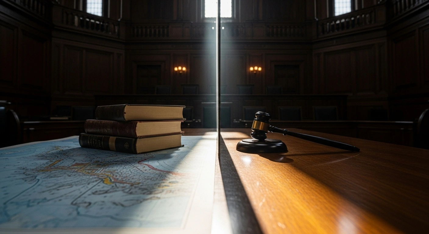 A dramatic, low-angle shot of a grand arbitration chamber, where a shaft of moonlight bisects a polished table, highlighting legal documents and a geological map on one side and a gavel on the other, symbolizing the Kvanefjeld mining dispute's procedural decision on jurisdictional boundaries between domestic courts and arbitration.